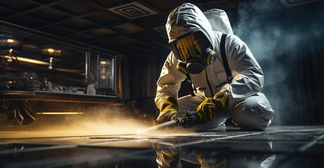 worker in a protective suit, cleaner, welder, working staff - obrazy, fototapety, plakaty