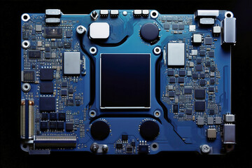 A powerful computer processor or chip on a motherboard. Modern technologies. Blue background.