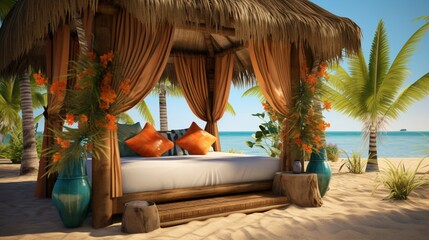 Beach Cabana , A beachside cabana decked out with hammocks, tropical flowers, and a thatched roof