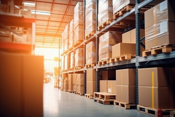 A large warehouse filled with neatly stacked boxes. Selective focus. Large space for storing and moving goods. Logistics. Trade in the modern world.