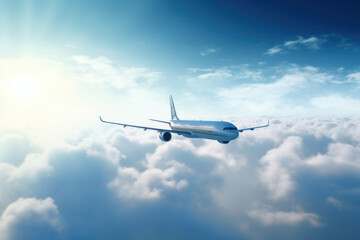 Fototapeta premium Passenger plane soars under sunny skies..