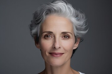 Pretty mature french woman with gray hair, head shot. Ageing and anti wrinkle skincare concept