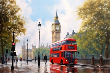 Fototapeta na wymiar Vivid strokes on canvas capture London's essence: Iconic red buses cruise past Big Ben, painting the historic tapestry of England's vibrant capital.