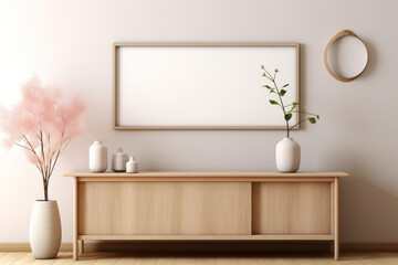 Scandinavian living room design: wooden console, wall rings, mockup poster frame, vase with flowers, elegant accessories.