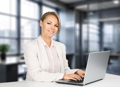 Young professional happy business woman working on laptop, AI generated image