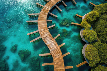 Aerial view of a wooden over water bridge in the turquoise ocean on tropical island.