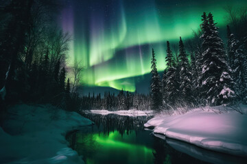 The aurora borealis in winter forest at night