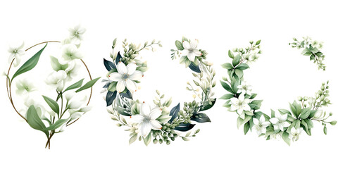Beautiful wedding wreath with Deutzia hybrida flowers watercolor elements set.