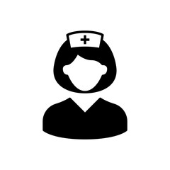 Nurse icon. Simple solid style. Medical assistant, female, woman, medic, doctor, health, medicine, hospital concept. Black silhouette, glyph symbol. Vector isolated on white background. SVG.