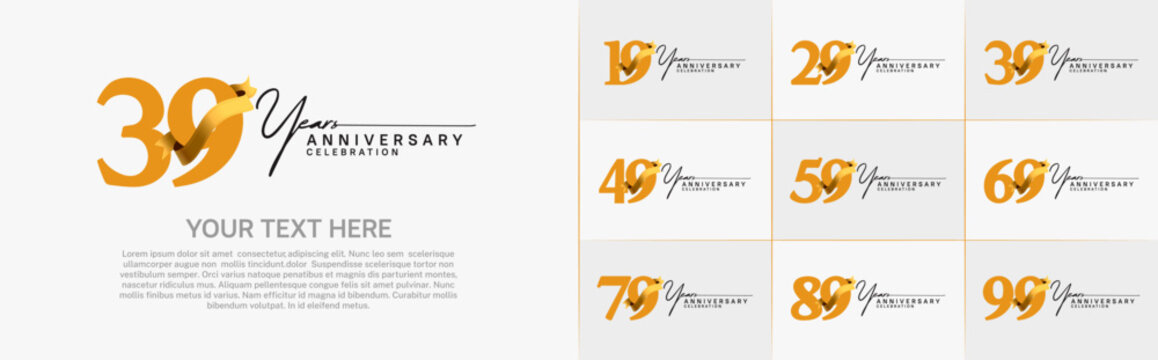 set of anniversary logo with orange number and golden ribbon can be use for celebration