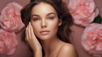 Obraz na płótnie Canvas Photo of beautiful blue eyed woman standing on pink rose background, cosmetics photo, beauty industry advertising photo.