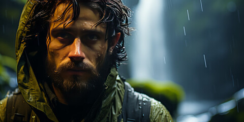 Breathtaking concentration of thoughtful photographer amidst vibrant Icelandic waterfall, moss-framed serenity with rainbow mist effects.