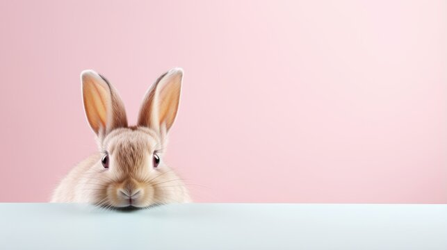 Photo of a curious rabbit peering over a table against a vibrant pink backdrop
