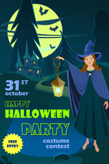 Halloween party with costume contest, dark banner design with trees, house and moon. Inscription with cartoon characters of a witch and a lamp. Can be used for invitations and cards.Vector illustratio