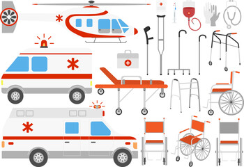 Ambulance car, air ambulance helicopter, wheelchair, canes, first aid kit vector clip art © Birdy
