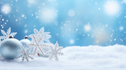 Fototapeta na wymiar Photo of a blue and white Christmas ornament in the snow