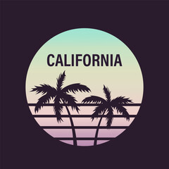 California colorful sunset retro vintage poster palm tree palm tree. Retro sunsets in the style of the 80s and 90s. Vector design template for logo, badges, banners, prints. Vector illustration
