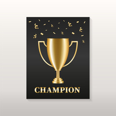 Champion trophy gold medal award symbol realistic festive black poster background. Golden cup. Vector illustration