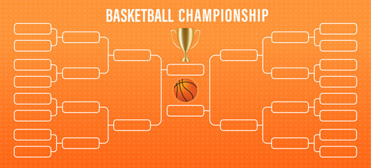 Basketball game. Basketball Championship. Tournament grid. Scheme of the basketball championship with a trophy cup. Championship and World Cup. On an orange background. Vector illustration © StudioGraphic
