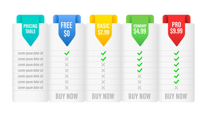 Creative web comparison pricing table business plans isolated on transparent background. Artistic design modern banner list. Abstract conceptual graphic websites. Vector illustration