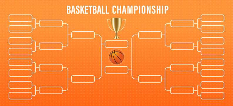 Basketball Game. Basketball Championship. Tournament Grid. Scheme Of The Basketball Championship With A Trophy Cup. Championship And World Cup. On An Orange Background. Vector Illustration