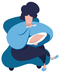 Fat woman in a chair eating high calorie food.  illustration.