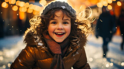 Enchanting scene of a joyful little girl, eyes gleaming with excitement as she ventures into ice skating under colorful disco lights on a novel rink. - obrazy, fototapety, plakaty