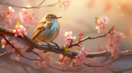 Fototapeta premium Photo of a colorful bird perched on a blooming branch with pink flowers
