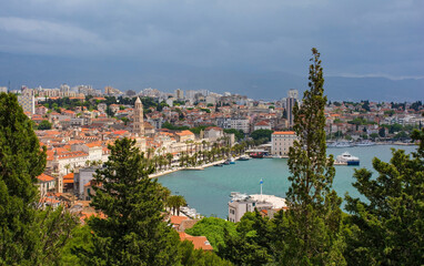 Fototapeta na wymiar A view of the historic coastal town of Split in Croatia from Marjan Hill which overlooks the town
