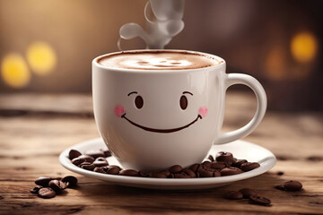 white coffee cup with happy face on coffee feed - obrazy, fototapety, plakaty