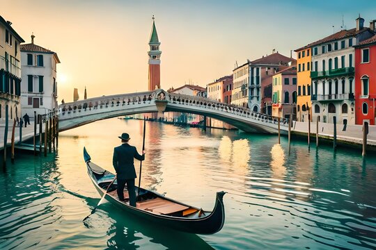 Venetian gondolier punting gondola through green canal waters of Venice, Italy. Generative AI