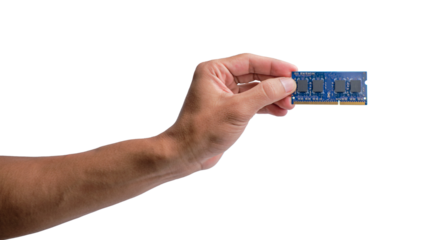 Hand-holding laptop component RAM isolated on a transparent background