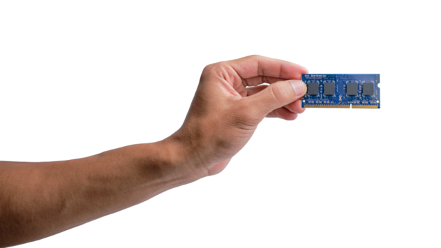 Hand-holding laptop component RAM isolated on a transparent background