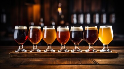 Celebrating Craft: Beer Glasses on Wooden Pub Bar, generative Ai