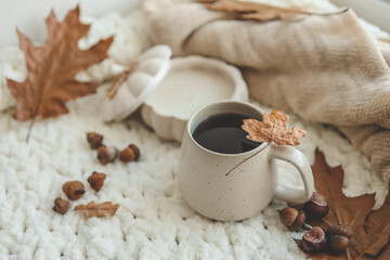 Cup of hot tea and a leaf, autumn mood
