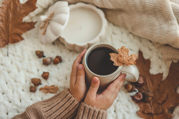 Obraz na płótnie Canvas Hands with a cup of tea, good morning concept. Autumn mood