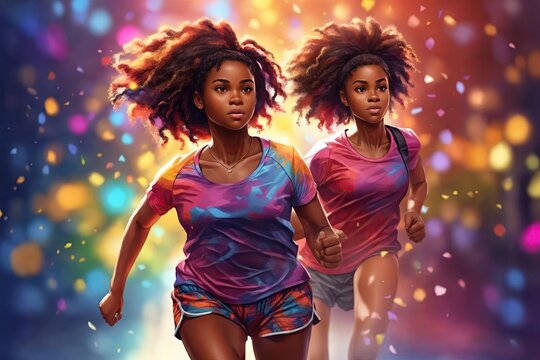multicolored Young african girl running, sport Dynamic movement.