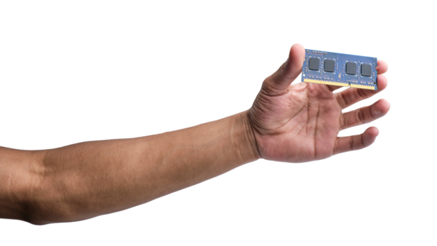 Hand-holding laptop component RAM isolated on a transparent background