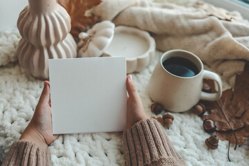 Empty postcard with space for your text in hands, autumn mood