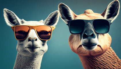 Lama Alpaka mit Sonnenbrille skurrile Tiere lustig für Karte Grußkarte Vorlage Motiv Design Hintergrund Idee Karikatur Comic Generative AI  - obrazy, fototapety, plakaty
