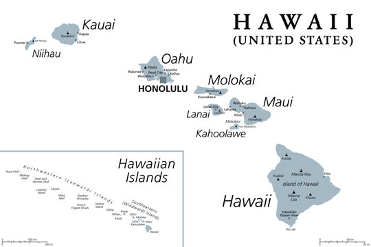 Hawaiian Islands, gray political map. Archipelago of 8 major volcanic islands, several atolls and numerous smaller islets in the North Pacific Ocean, extending from Island of Hawaii to the Kure atoll.