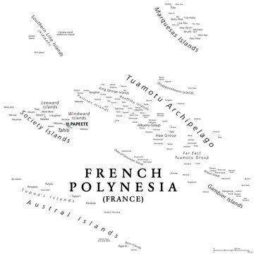 French Polynesia, gray political map with capital Papeete, on the island of Tahiti. Overseas collectivity of France, and sole overseas country, in the South Pacific Ocean, with 121 islands and atolls.