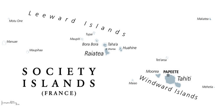 Society Islands, gray political map. Group of volcanic islands, in French Polynesia. Overseas collectivity of France in the South Pacific Ocean. Archipelago, divided into Leeward and Windward Islands.
