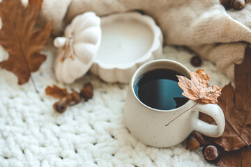 Fototapeta na wymiar Cup of hot tea and a leaf, autumn mood