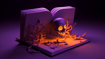 Halloween pumpkin with magic book on purple background