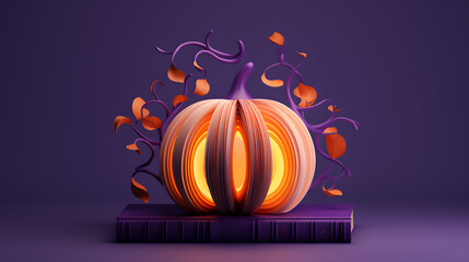 Naklejka na ściany i meble Halloween pumpkin with magic book on purple background