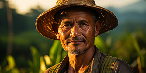 Dignified Indonesian farmer in focused portrait, enhanced by stunning sunset over lush, terraced rice fields. Illuminates enduring hard work and nature's harmony.