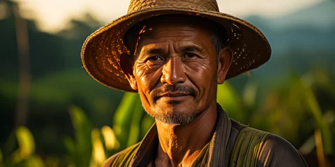 Photo sur Plexiglas Rizières Dignified Indonesian farmer in focused portrait, enhanced by stunning sunset over lush, terraced rice fields. Illuminates enduring hard work and nature's harmony.