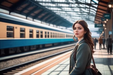 Fototapeta premium optimistic female on railway station perron at spring early afternoon. Travelling and vacations concept.