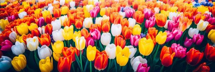 Panoramic landscape of multicolored beautiful blooming tulips.  Closeup view of tulip flowers in spring.  - obrazy, fototapety, plakaty
